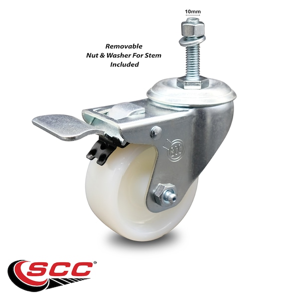 3 Inch Nylon Wheel Swivel 10mm Threaded Stem Caster Total Lock Brake SCC